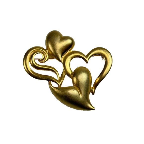 Vintage 80s M Jent Multi Heart Brooch Matt Gold Tone 2.5" Signed - Picture 9 of 9